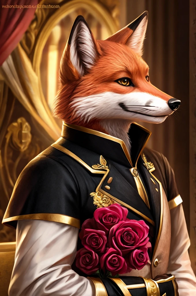 Pink rose mascot, but the clothes in black and gold, without having pink in your clothes, a pink fox, more realistic and the male fox