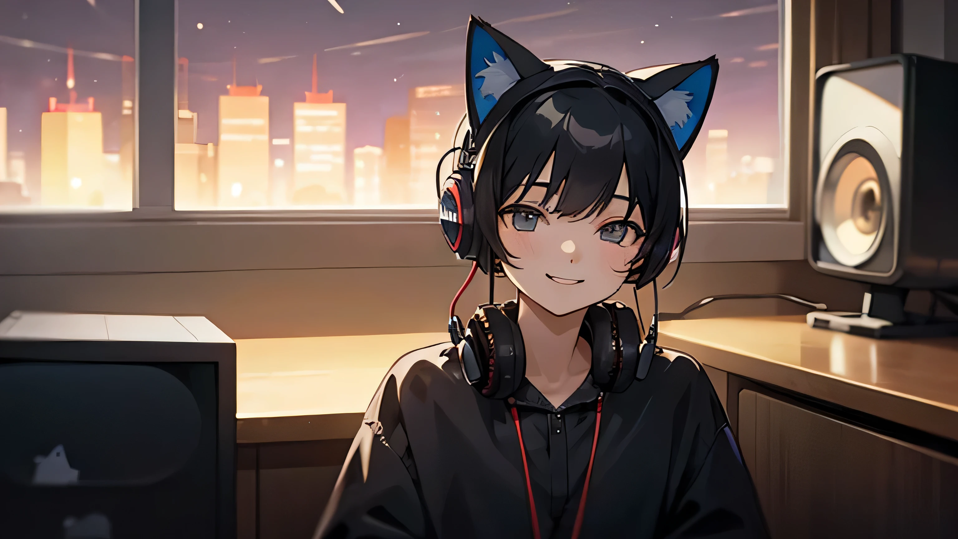 Room with speakers、Cat with headphones、Face close-up、night、Black Hair、smile、Sitting in a chair