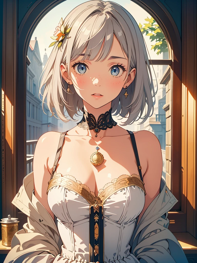 ((masterpiece)), ((best quality)), (ultra-detailed), ((extremely detailed)), 4K, (8K), best quality, a beautiful woman, ((beautiful light gray hair)), shiny hair, ((fluffy bob cut)), light blue eyes, detailed skin, freckled skin, flushed cheeks, 20 years old, Super detailed alcohol ink painting of gorgeous girl, Made on top of a mixed-media masterpiece patchwork of stress-free vintage script paper, Ephemera, Torn cardboard, Vintage newspaper, Vintage sheet music, Wax Seal, Dress made of paper ruffles and life-size dainty lace, in the style of [Junk Journal, double exposure, Equal to the size of the body, Greg Simkins, Mark Davis, Oliver Jeffers, Andy Kehoe], Cinematic, Stunning, Highly detailed, 8K, dehazed, 