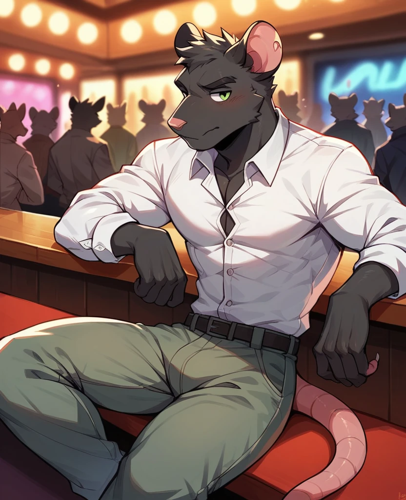 A shy, needy, male anthropomorphic twink rat with black fur and green eyes, wearing a white button down long sleeve and gray cargo pants, sitting in the back of a nightclub ((suggestive))