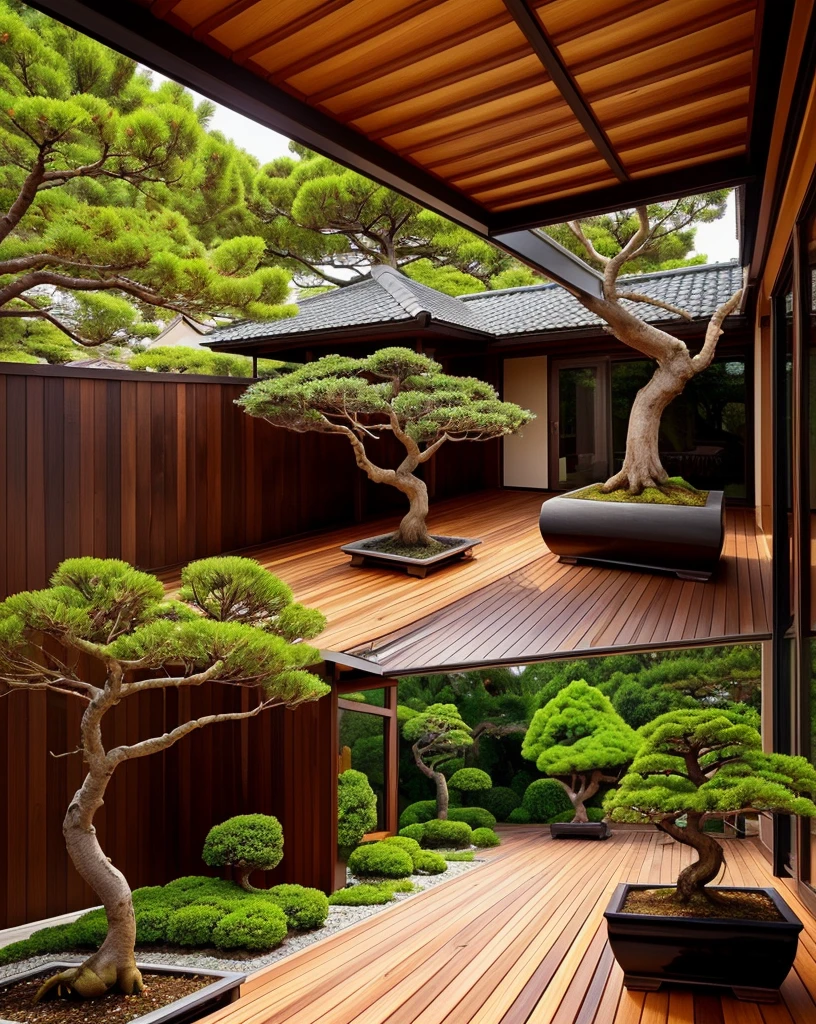 a black tiled roof house, a wooden ceiling, luxury style, a large deck, a bonsai tree in the deck, realistic, professional, vivid colors, soft lighting, detailed trees, a colorful garden, a gentle breeze, vibrant hues