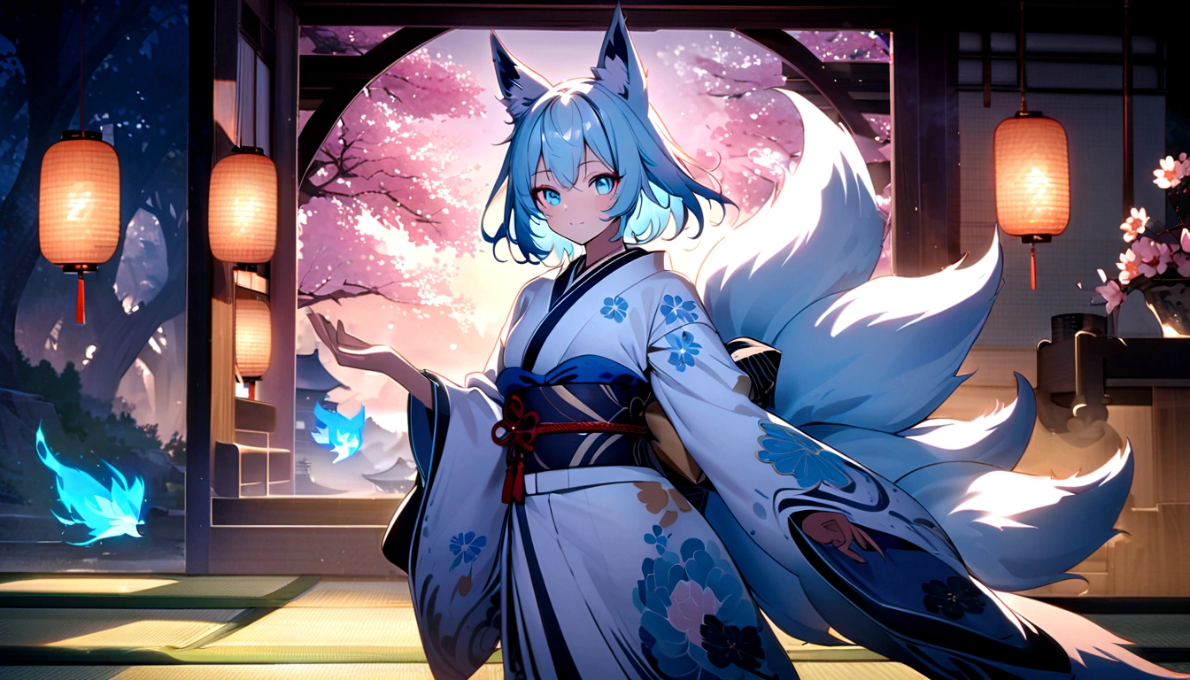 fox Light blue hair 　beast girl　indigo fur　fox beast girl　fox Light blue hair 　beast girl　indigo fur　fox beast girl　Wallpaper 4k,8k,highly detailled,,vivid colors,detailed kitsune with 9 tails,traditional Japanese artwork,tatami floor,beautiful cherry blossoms,floating lanterns,dark silhouette of a pagoda,subtle moonlight,dense forest,ethereal atmosphere,dappled sunlight,whimsical spirit,serene expression,elaborate kimono and obi,delicate hand-painted details,luminous eyes　Anime Style　fox　blue　White-faced golden-haired nine-tailed fox　Coat blue　　　mysterious background　Blue Flame　girl　have a ball of light 