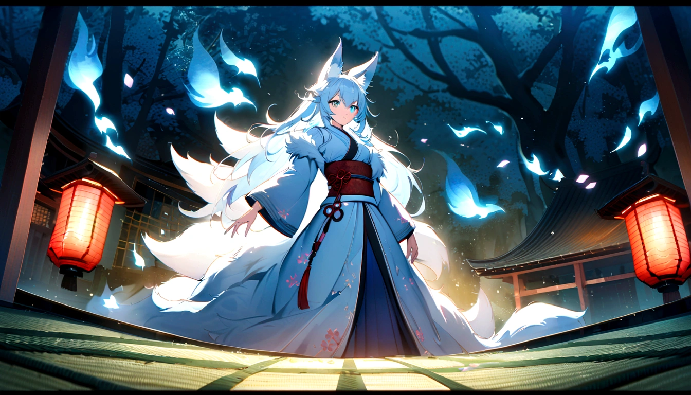 fox Light blue hair beast girl indigo fur fox beast girl fox Light blue hair beast girl indigo fur fox beast girl Wallpaper 4k,8k,highly detailled,,vivid colors,detailed kitsune with 9 tails,traditional Japanese artwork,tatami floor,beautiful cherry blossoms,floating lanterns,dark silhouette of a pagoda,subtle moonlight,dense forest,ethereal atmosphere,dappled sunlight,whimsical spirit,serene expression,elaborate kimono and obi,delicate hand-painted details,luminous eyes Anime Style fox blue White-faced golden-haired nine-tailed fox Coat blue mysterious background Blue Flame girl have a ball of light