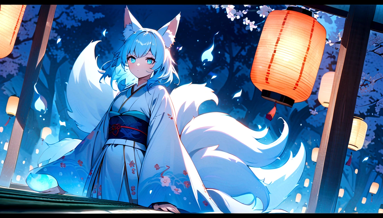fox Light blue hair beast girl indigo fur fox beast girl fox Light blue hair beast girl indigo fur fox beast girl Wallpaper 4k,8k,highly detailled,,vivid colors,detailed kitsune with 9 tails,traditional Japanese artwork,tatami floor,beautiful cherry blossoms,floating lanterns,dark silhouette of a pagoda,subtle moonlight,dense forest,ethereal atmosphere,dappled sunlight,whimsical spirit,serene expression,elaborate kimono and obi,delicate hand-painted details,luminous eyes Anime Style fox blue White-faced golden-haired nine-tailed fox Coat blue mysterious background Blue Flame girl have a ball of light