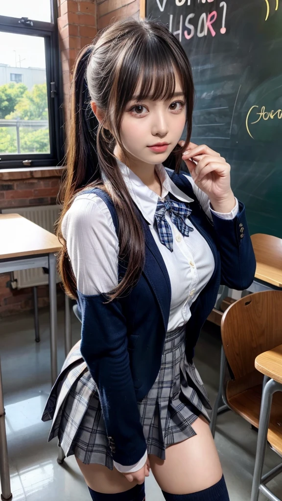 masterpiece, best quality, illustration, Super detailed, fine details, High resolution, 8K,wall paper, perfect dynamic composition,(Details High quality, realistic depiction of eyes:1.3), from side, High School Classroom、High school girl uniform、blazer 、Super Short Check Uniform Skirt、Navy blue high socks、garterbelts、plump breasts, Disturbed uniform, (updo:1.2), black hair color, large breasts, Big Natural Color Lip, bold sexy pose, (perfect body shape), crying a little、20 year old girl、cute type, beautiful legs, hposing Gravure Idol, Voluptuous thighs