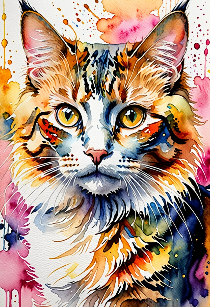 Animals painted in watercolor with bright and expressive colors, a cat with touches of pink, orange and yellow. The cat is painted with fluid and soft details, capturing its graceful and curious essence. Pink, orange and yellow colors blend harmoniously, creating a warm and vibrant palette. The cat has a playful and alert expression, with its eyes shining in contrast to the colors of its fur. The watercolor technique allows colors to melt and mix organically, adding a touch of fantasy and creativity. This design combines the beauty of animals with the artistic expressiveness of watercolor, resulting in a visually striking and charming image., Realism, Hyperrealism, UHD, masterpiece, accurate, anatomically correct, textured skin, super detail, award winning, 16k
