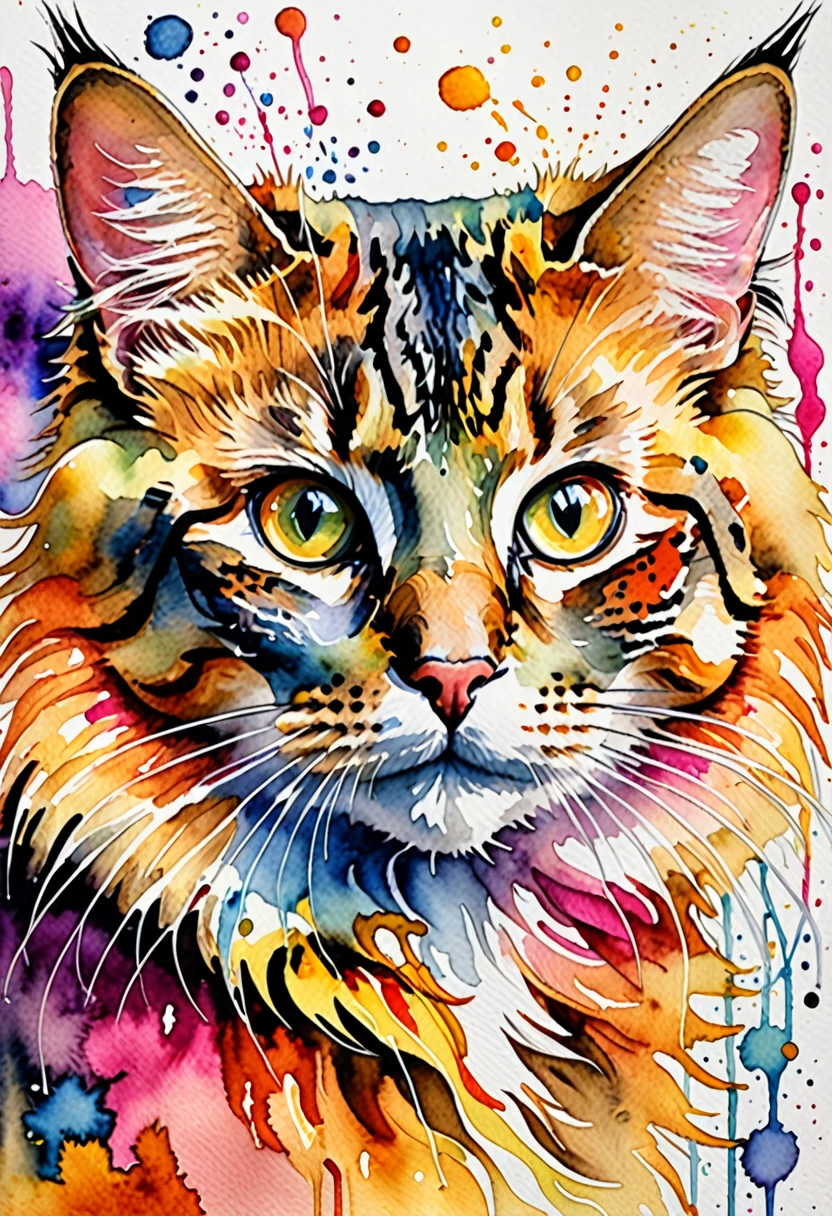Animals painted in watercolor with bright and expressive colors, a cat with touches of pink, orange and yellow. The cat is painted with fluid and soft details, capturing its graceful and curious essence. Pink, orange and yellow colors blend harmoniously, creating a warm and vibrant palette. The cat has a playful and alert expression, with its eyes shining in contrast to the colors of its fur. The watercolor technique allows colors to melt and mix organically, adding a touch of fantasy and creativity. This design combines the beauty of animals with the artistic expressiveness of watercolor, resulting in a visually striking and charming image., Realism, Hyperrealism, UHD, masterpiece, accurate, anatomically correct, textured skin, super detail, award winning, 16k
