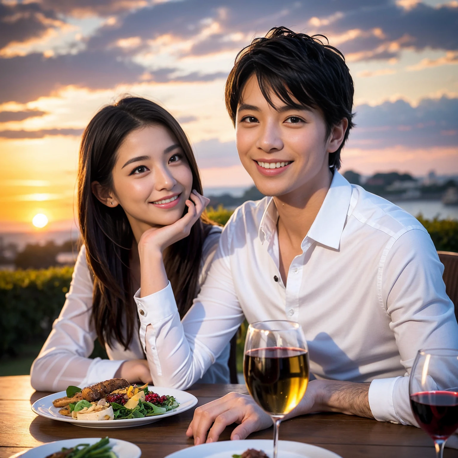 ((Highest quality、8K、masterpiece:1.3))、 (Ultra-realistic、 Genuine、Bright image、Intricate details:1.2), 最高のsmile、1 male 1 female、Beautiful couple、Lovey-dovey lovers、Happy Yokohama Lovers、Good friends、actress couple、smile、Full-course dinner at a packed table、 (Slim face), (the body is slim), (Brown Hair), (short hair), テーブルのwine glass、Please shine a light on my face、 Amazing view of the sunset sky and clouds、42 years old 39 years old, red wine 、Appetizers、Wine bottle、sparkling wine、Long sleeve shirt、dress、White wine, red wine, wine glass, 