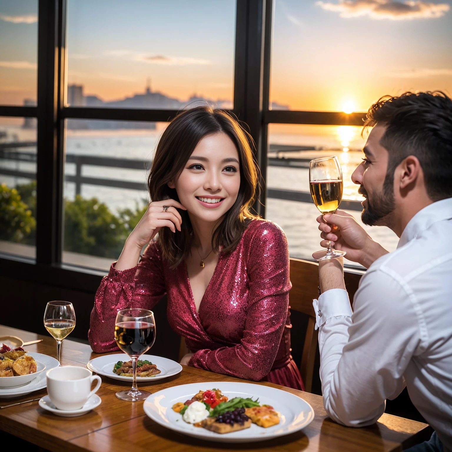 ((Highest quality、8K、masterpiece:1.3))、 (Ultra-realistic、 Genuine、Bright image、Intricate details:1.2), 最高のsmile、1 male 1 female、Beautiful couple、Lovey-dovey lovers、Happy Yokohama Lovers、Good friends、actress couple、smile、Full-course dinner at a packed table、 (Slim face), (the body is slim), (Brown Hair), (short hair), テーブルのwine glass、Please shine a light on my face、 Amazing view of the sunset sky and clouds、42 years old 39 years old, red wine 、Appetizers、Wine bottle、sparkling wine、Long sleeve shirt、dress、White wine, red wine, wine glass, 