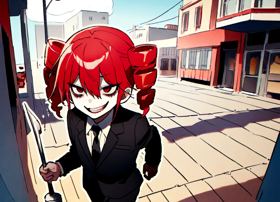 Red hair、Black suit、Black slacks、Wearing leather shoes、holding a silver metal baseball bat、Scary smile、In town、Daytime