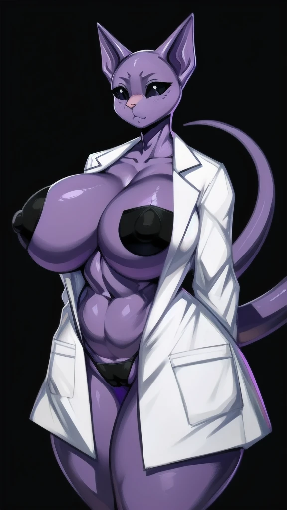 ((((black microbikini:1)))) bikini((made by zackary911:1 art style)), ((adorable cute sad cat face)), (colors her skin and face purple:1), focus on the female furry cat, ((small and tiny cat female body)), ((superiority and perfect body) ), ((female bald cat face dressed only in a white scientist's lab coat and a black Micro Bikini :1)), ((no hair anywhere on her body, no skin, total baldness, baldness:1)), masterpiece, Best quality, purple body and face color, a furry and feminine woman is a cute cat with purple hair, orange cat tongue, no hair anywhere on her body, pink cat nose, bare skin, big thighs, big tits and natural, big breasts, ((Hourglass figure)), (1.4), huge , thick, thick body, sexy massive female, Perfect body, big breasts, big ass, Perfect body, masterpiece, Best quality, full figure, voluptuous SEXY body, smooth. Perfect, athletic body, purple nipples, large oval eyes with black sclera and white pupils, orange tongue, ((purple inside her cat ears)), light pink cat nose, black and white eyes, ((long tail of dark purple color)), purple vagina, ((completely smooth face)), ((violet female sphinx cat face)), ((sphynx cat head)), orange cat tongue, adorable face, ((Cute face)), voluptuous cat woman, ((white scientist lab coat)), furry cat with an happy face expression, ((very sad face)), sad face, venus Perfect body, ((only 2 cat ears Normal purple, no hair on the head:1)), purple nipples, completely, high quality, masterpiece, adorable and sexy, Beautiful adorable Perfect body, violet color of the body and the face, big black eyes with white iris, cat mouth, cat teeth, bald body, on a romantic date, ((made by art style zackary911:1)