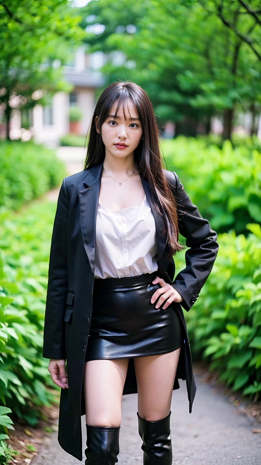 (8K、RAW Photos、Highest quality、masterpiece:1.2)、(Realistic、Realistic)、1 Girl、((Black coat、one piece、Black mini skirt、boots、Big Breasts、whole body、garden、View from the front、Looking into the camera、Stand with one hand on your hip))、