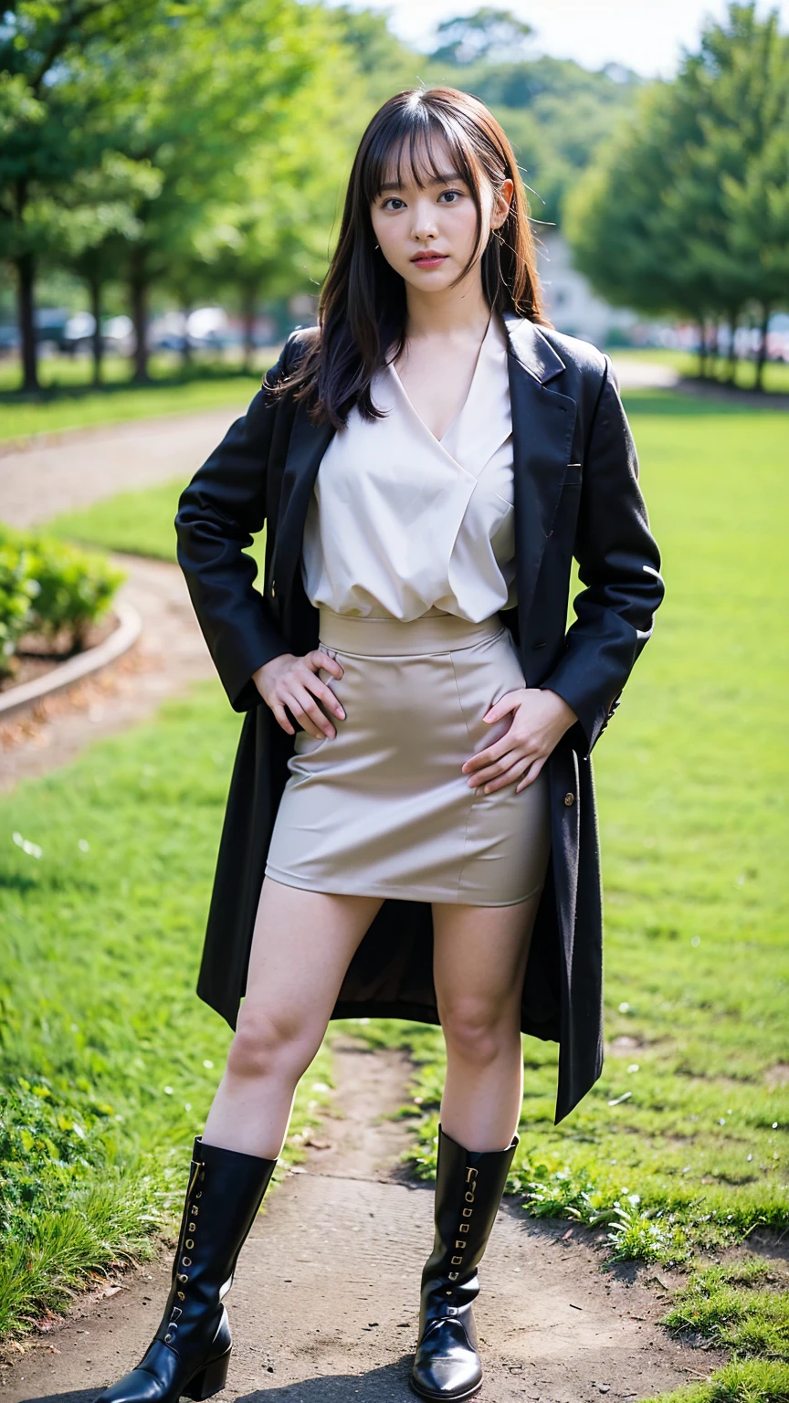 (8K、RAW Photos、Highest quality、masterpiece:1.2)、(Realistic、Realistic)、1 Girl、((Black coat、one piece、Black mini skirt、boots、Big Breasts、whole body、garden、View from the front、Looking into the camera、Stand with one hand on your hip))、