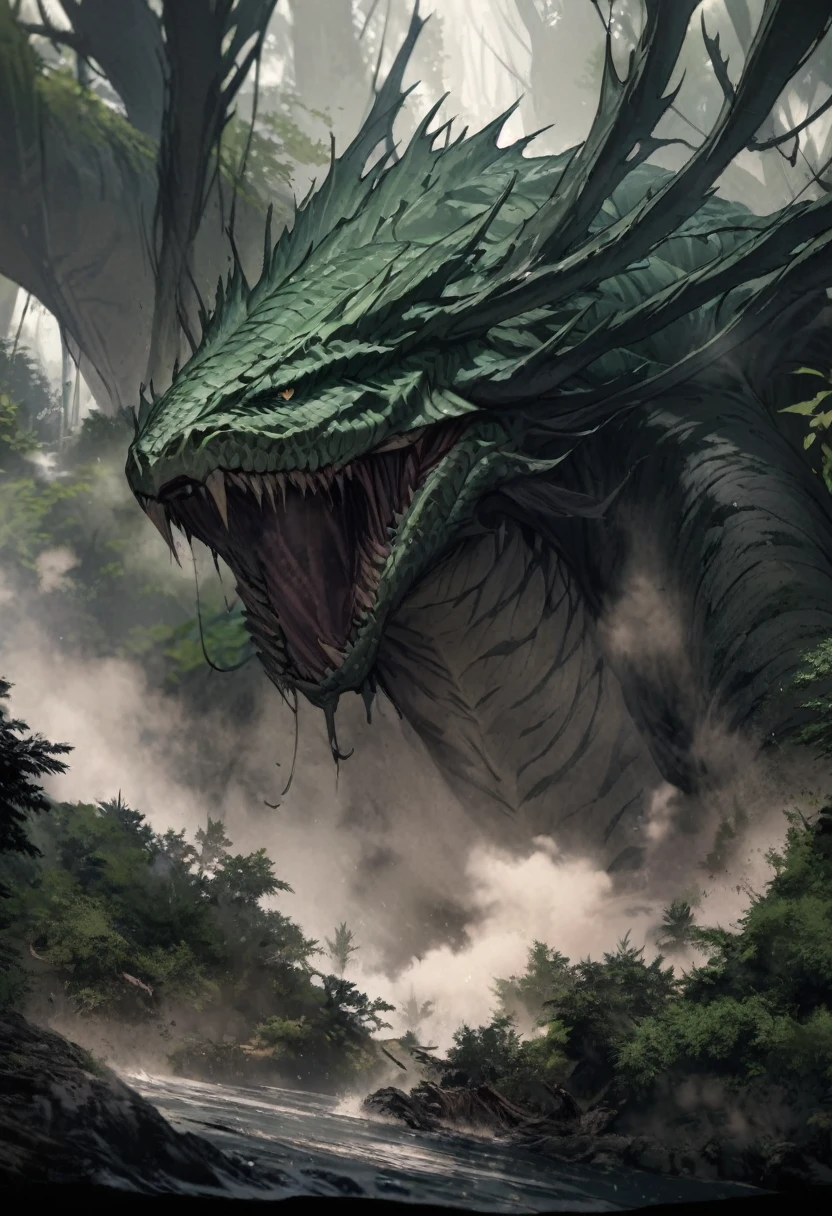 The evil biggest Basilisk emerges from the deep forest, background Abyssal Forest, in the forest. perfect anatomy, masterpiece, best quality, 16k, beautiful detailed sandstorm, daydreaming expression.