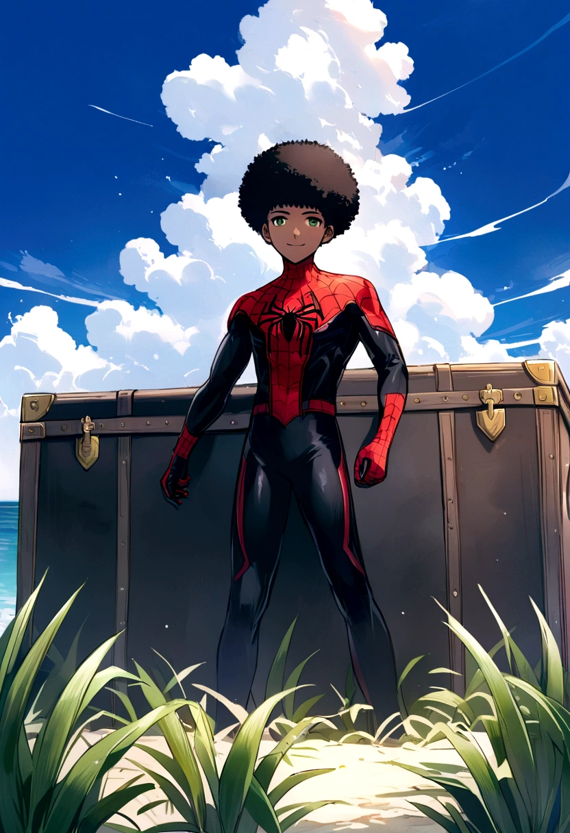 Miles Morales trunk, standing alone, boy, might, pretentious smile,, gazing at viewer, black afro hair, greeneyes, spider man suit, pampas scenery Rio Grande do Sul, blue sky, Bandeira do Rio Grande do sul no horizon