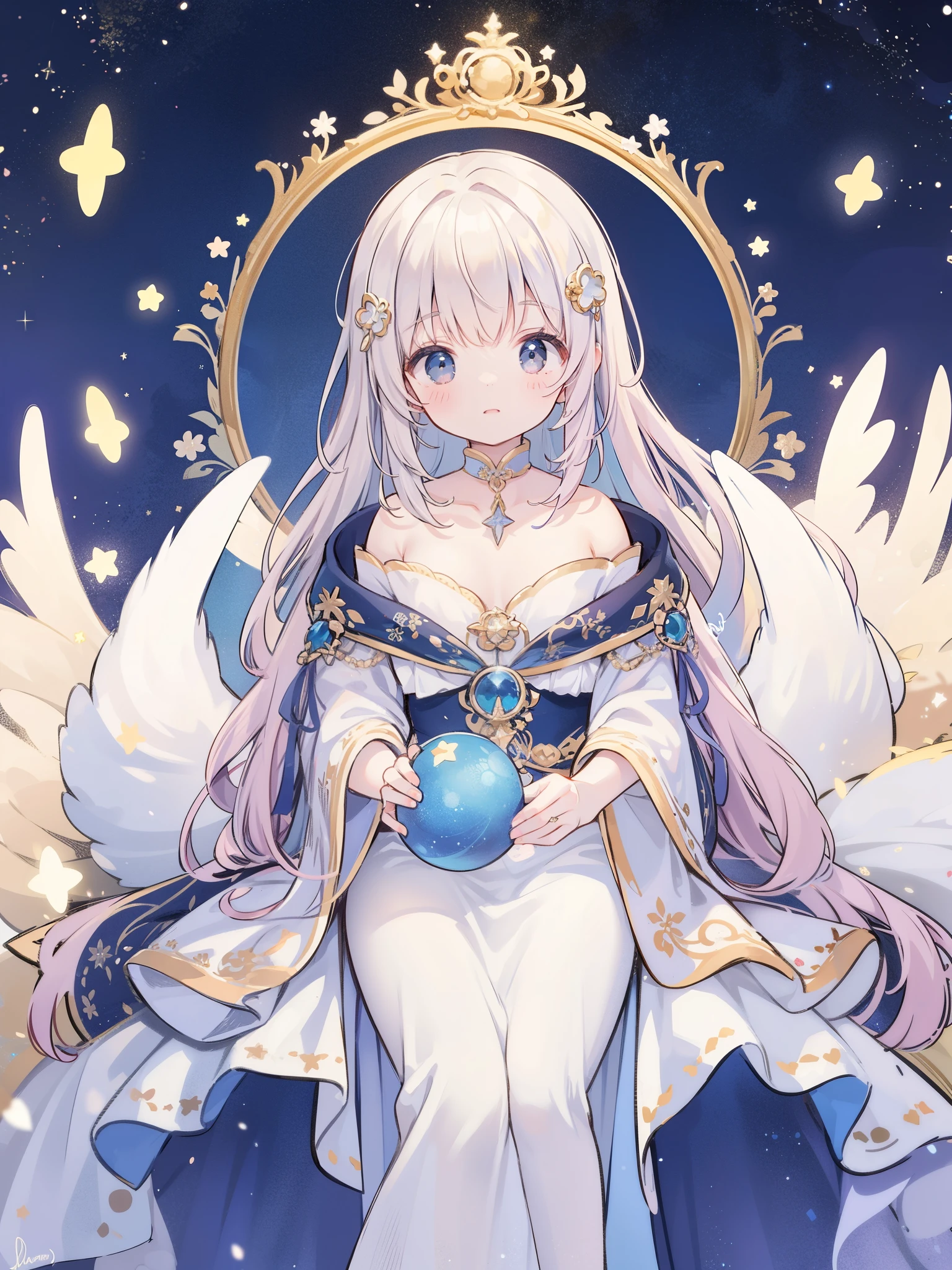 complex background, wishing star background, a woman wearing an ethereal magical dress that reflects the stars, dreamy, peaceful, serene composition, glowing stars, glowing, mystic, complex drawing, highly detailed, ethereal, starry night, midjourney style