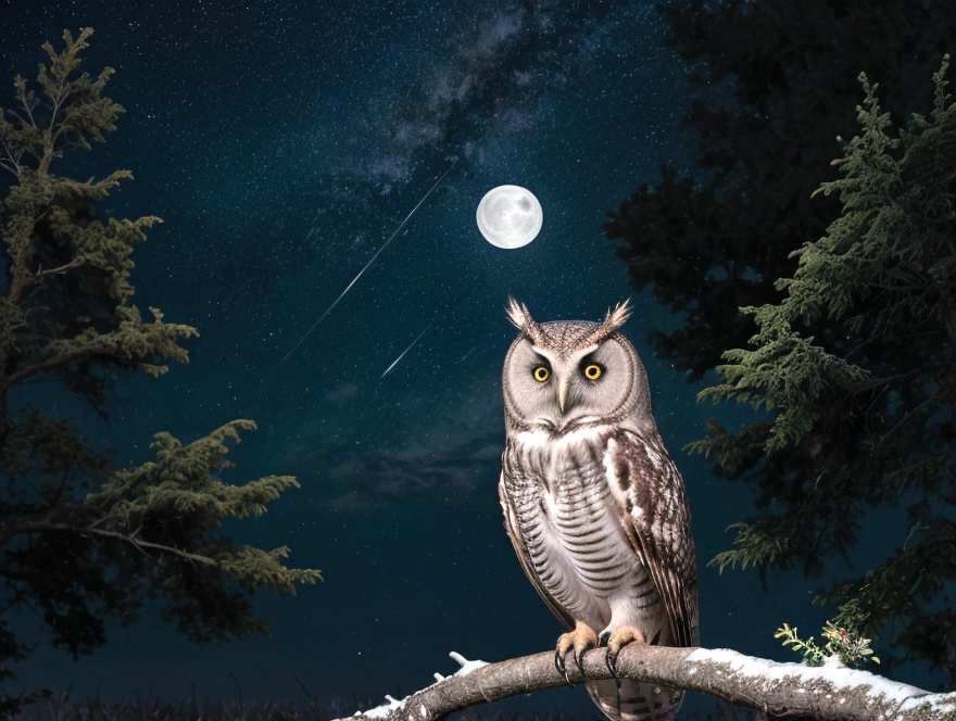 An owl on a tree branch to the left of the image. Night scene with a large white moon to the right of the image and many stars in the sky.