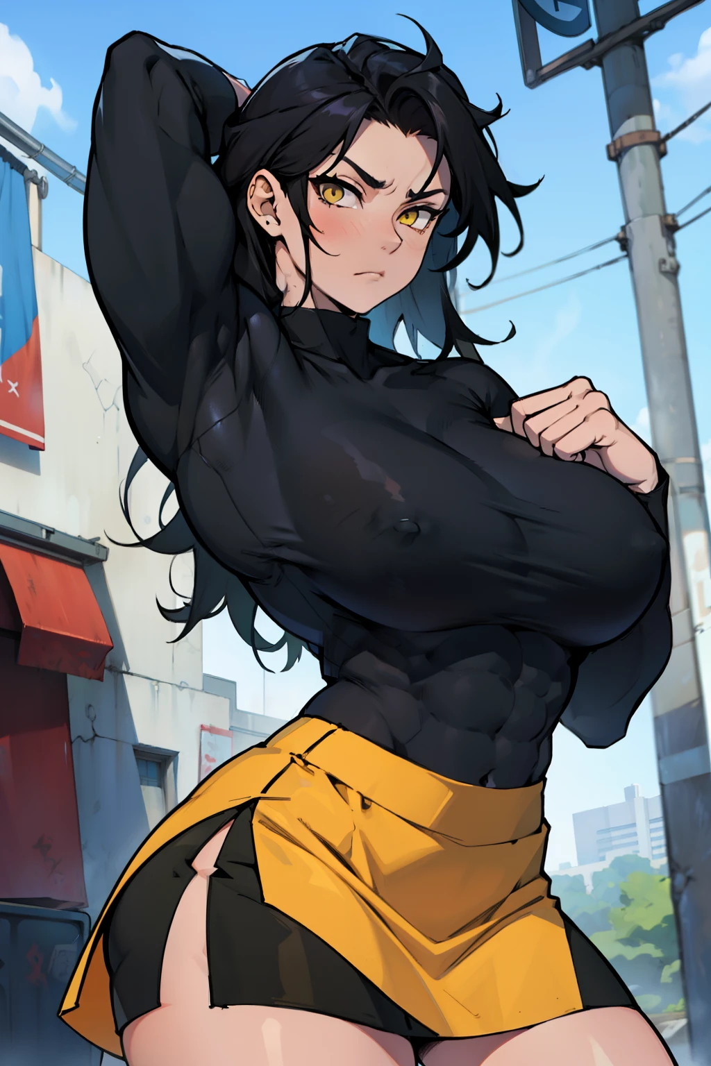 huge muscles huge breasts huge thighs pale skin black hair yellow eyes very long hair muscular girl sad expressionless plated skirt long sleeve tight t-shirt