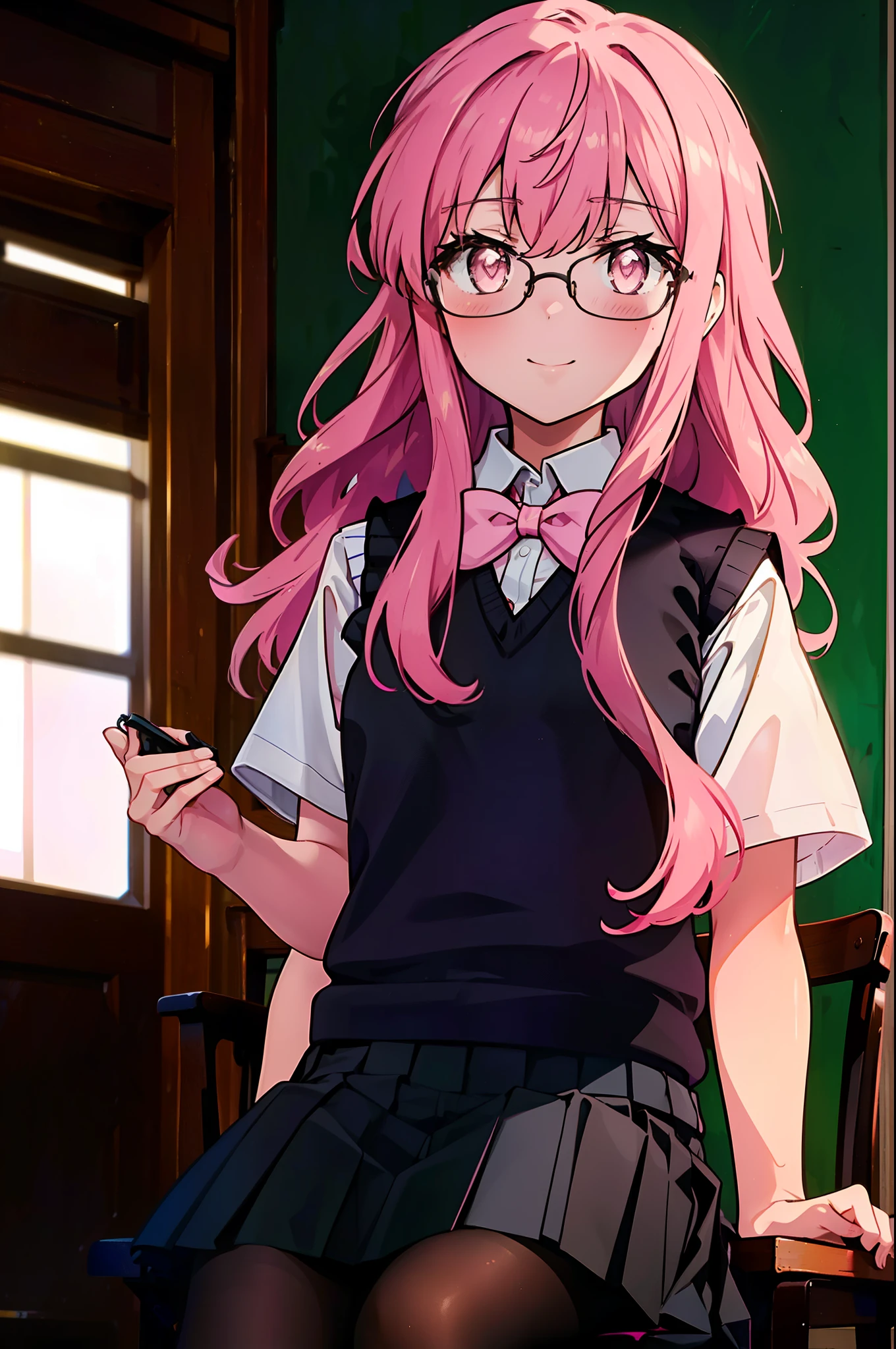 {{masterpiece}},{{Highest quality}},{{High resolution}},{{Caustics}},{{Familiar}},blush,
 smile,Louise Françoise Le Brun de La Valliere,Akabuchi Glasses Pink Hair,Pink Eyes, 黒break skirt, shirt, bow, ribbon, , white shirt, Short sleeve, Pleated skirt, collared shirt, mini skirt, bowtie, 黒いloafers , Black Skirt, Black pantyhose, loafers, green bow, (pink sweater vest:1.5),,classroom,Sit on a chair,whole body,(Cowboy Shot:1. 5),break (masterpiece:1.2), Highest quality, High resolution, unity 8k wallpaper, (shape:0.8), (Fine and beautiful eyes:1.6), Highly detailed face, Perfect lighting, Highly detailed CG, (Perfect hands, Perfect Anatomy),