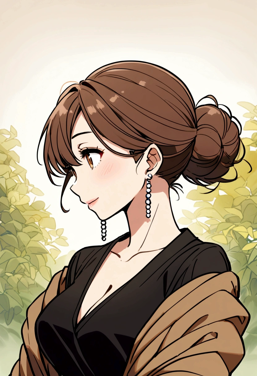 40 year old woman, brown hair, bun, white pearl earrings, black dress, brown short sleeve jacket