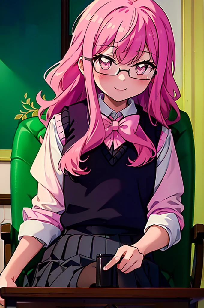 {{masterpiece}},{{Highest quality}},{{High resolution}},{{Caustics}},{{Familiar}},blush,
smile,Louise Françoise Le Brun de La Valliere,Akabuchi Glasses Pink Hair,Pink Eyes, 黒break skirt, shirt, bow, ribbon, , white shirt, Short sleeve, Pleated skirt, collared shirt, mini skirt, bowtie, 黒いloafers , Black Skirt, Black pantyhose, loafers, green bow, (pink sweater vest:1.5),,classroom,Sit on a chair,whole body,(Cowboy Shot:1. 5),break (masterpiece:1.2), Highest quality, High resolution, unity 8k wallpaper, (shape:0.8), (Fine and beautiful eyes:1.6), Highly detailed face, Perfect lighting, Highly detailed CG, (Perfect hands, Perfect Anatomy),