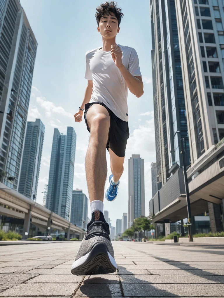Full body, a Korean man with short Curly hair. jogging using sports attributes, on the urban sidewalk. camera angle from the bottom front so that the bottom of the shoe is visible when he lifts his foot. very realistic