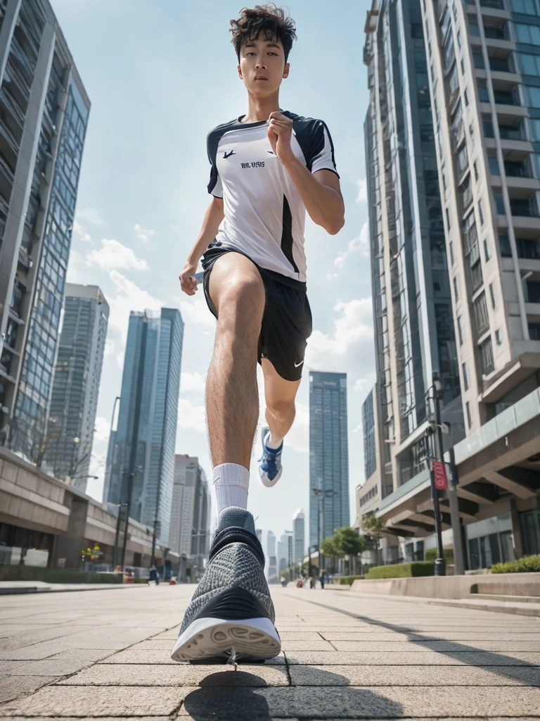Full body, a Korean man with short Curly hair. jogging using sports attributes, on the urban sidewalk. camera angle from the bottom front so that the bottom of the shoe is visible when he lifts his foot. very realistic