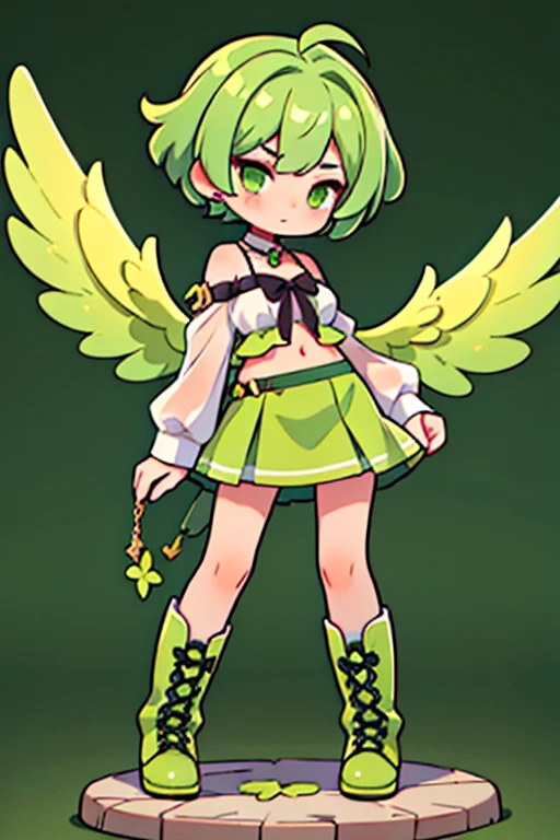 20 year old girl, Angel Girl, Light green wings, chica sexy, green hair, short hair, green eyes, Short skirt, green skirt, Small strapless blouse, Short blouse up to the abdomen, Blouse sin Olanes, Green long sleeves, Blouse that shows the shoulders, Sin collar, Shows the navel, green boots,