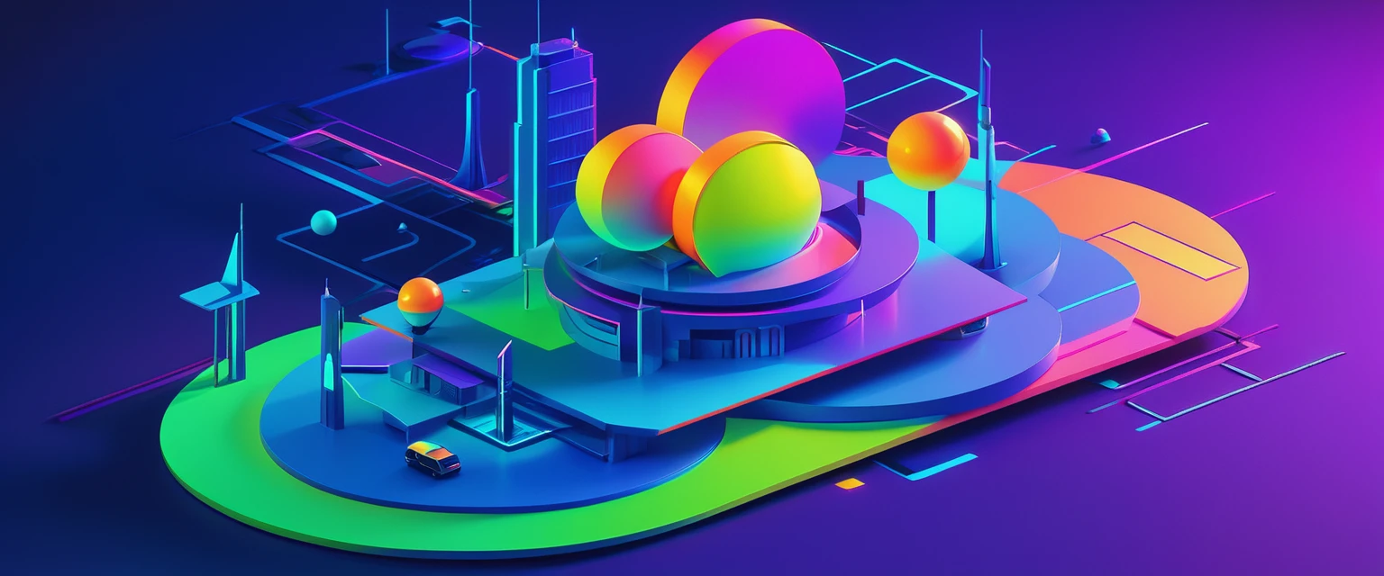 a Color illustrations of a futuristic city with a tower and a clock, Futuristic colorful shadows, Colorful graphic surreal design, Cinema 4d colorful rendering, Stylized 3D graphics, 3D geometric neon shapes, Colorful graphic surreal design, Abstract scene design, 3d matte illustration, Vibrant composition and color, Colorful and detailed projection, Abstract neon shapes, Color illustrations