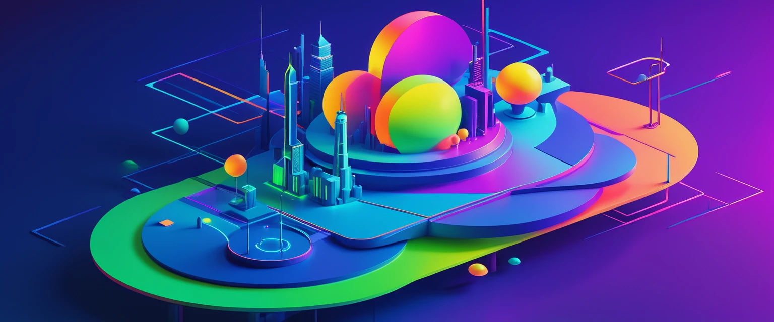 a Color illustrations of a futuristic city with a tower and a clock, Futuristic colorful shadows, Colorful graphic surreal design, Cinema 4d colorful rendering, Stylized 3D graphics, 3D geometric neon shapes, Colorful graphic surreal design, Abstract scene design, 3d matte illustration, Vibrant composition and color, Colorful and detailed projection, Abstract neon shapes, Color illustrations