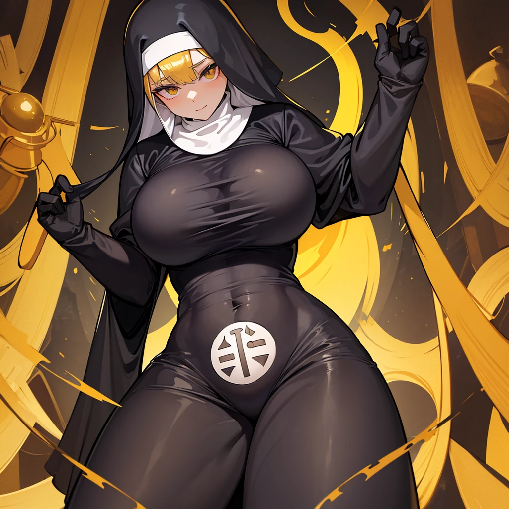  The Nun, black Nun clothes, huge waists, solo, (yellow skin tone:1.2), 