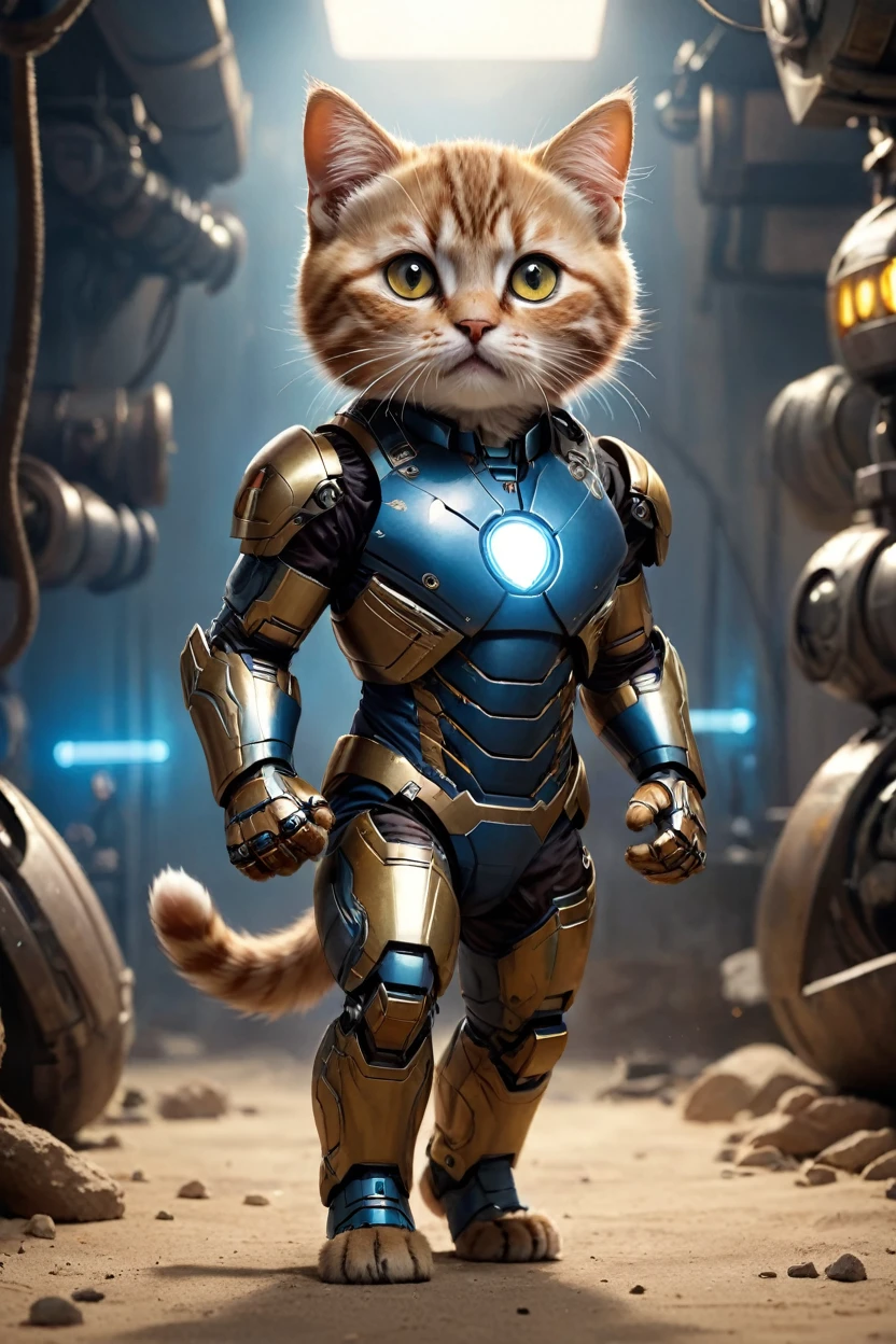 small, There are no humans in this world、The world of anthropomorphized cats、Full body Iron Man mark1Wearing a suit、Iron Man Mark 1、prototype、The arc reactor emits blue light、desert、かわいいbornき物全身, Costumes,、 Fantasy art, Exquisite detail, An anthropomorphic, fat, furry tabby kitten with yellow eyes, Movie Scenes, Dramatic shot angles, , Realistic, born々Amazing cinematic photorealism, Action Portrait, 8K, detailed, Full Frame