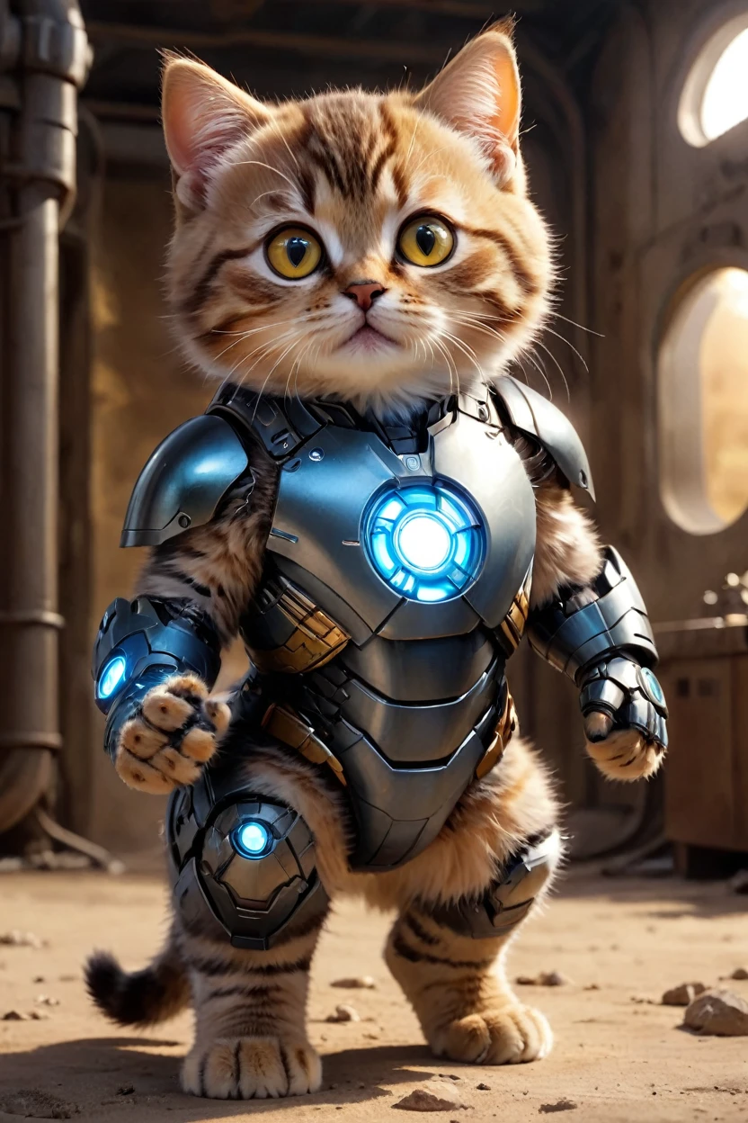 small, There are no humans in this world、The world of anthropomorphized cats、Full body Iron Man mark１Wearing a suit、Iron Man Mark 1、prototype、The arc reactor emits blue light、desert、かわいいbornき物全身, Costumes,、 Fantasy art, Exquisite detail, An anthropomorphic, fat, furry tabby kitten with yellow eyes, Movie Scenes, Dramatic shot angles, , Realistic, born々Amazing cinematic photorealism, Action Portrait, 8K, detailed, Full Frame