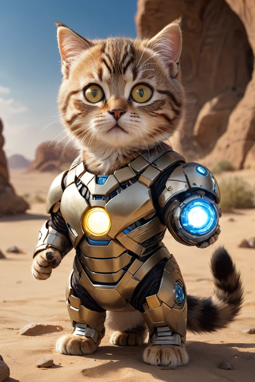 small, There are no humans in this world、The world of anthropomorphized cats、Full body Iron Man mark１Wearing a suit、Iron Man Mark 1、prototype、The arc reactor emits blue light、desert、かわいいbornき物全身, Costumes,、 Fantasy art, Exquisite detail, An anthropomorphic, fat, furry tabby kitten with yellow eyes, Movie Scenes, Dramatic shot angles, , Realistic, born々Amazing cinematic photorealism, Action Portrait, 8K, detailed, Full Frame