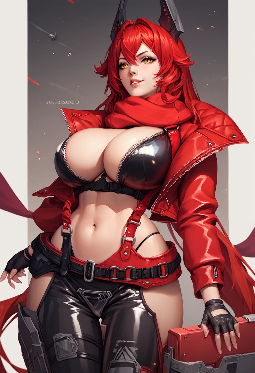 score_9, score_8_up, score_7_up, 1girl, solo, masterpiece, best quality, detailed, nikkeredhood, red hair, long hair, headgear, yellow eyes, red scarf, crop jacket, red jacket, black shrug \(clothing\), navel, midriff, zipper, cleavage, large breasts, suspenders, fingerless gloves, belt, black pants, asymmetrical legwear, hip vent, narrow waist, wide hips,
