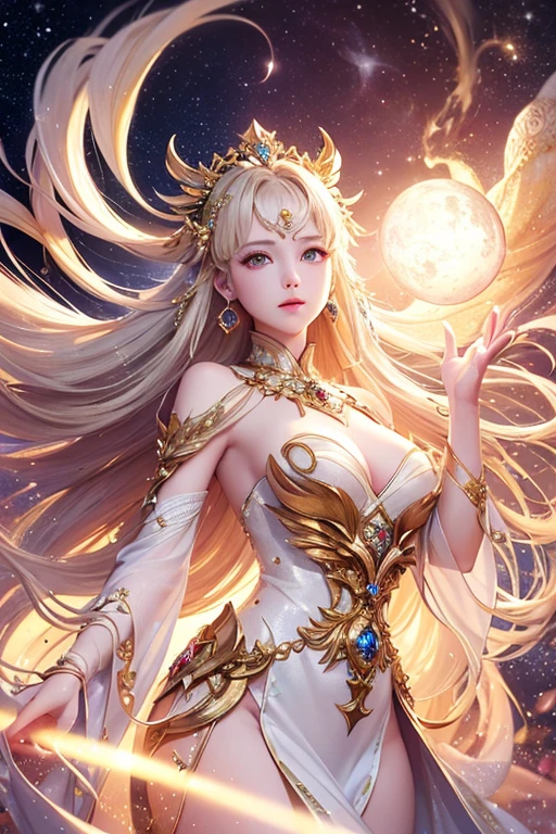 (masterpiece、Highest quality、High resolution、8K、16K)、((Alone in space、Beautiful Goddess、Standing posture、フローティング in the sky like a star))、((whole body))、Golden Cape、White long dress、No sleeve、Adorned with vibrant jewels、Gold Bracelet、Blonde middle、Beautiful brown eyes、A kind smile、Mouth closed、Elegant and detailed face、Graceful operation、Place one hand under your chest、Professional Lighting、The universe is full of light、Countless stars and nebulae、