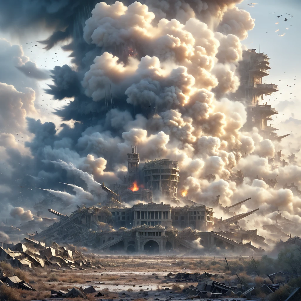 a highly detailed, photorealistic image of a large military complex in ruins, surrounded by a devastated landscape, smoke and debris filling the sky, a sense of destruction and desolation, grim and unsettling atmosphere, ultra-detailed, 8k, hyper-realistic, photo-realistic, masterpiece,dramatic lighting, muted color palette, cinematic composition