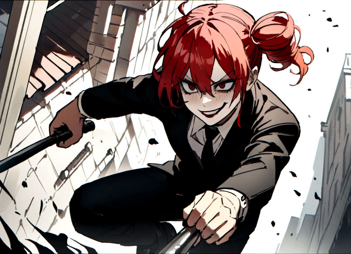 Red hair、Black suit、Black slacks、Wearing leather shoes、holding a silver metal baseball bat、Scary smile、In town、Daytime