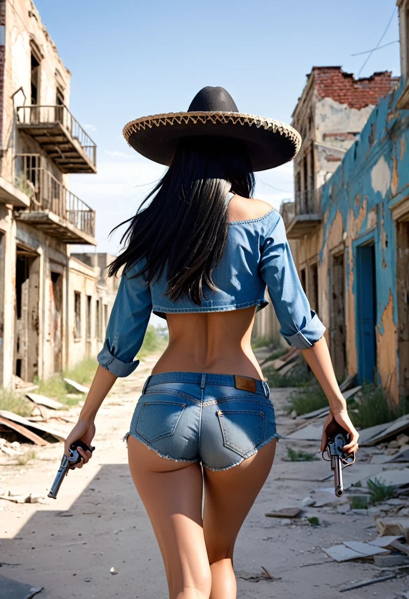 from the back, woman in blue sombrero, running tall top model with long black hair, holding revolver, short shirt, short light denim shorts. in the abandoned city