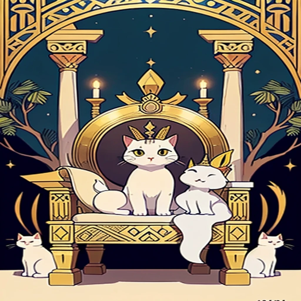A cat sitting on an Egyptian throne, and the cat wearing an egyptian crown, let it be a white cat, only one cat