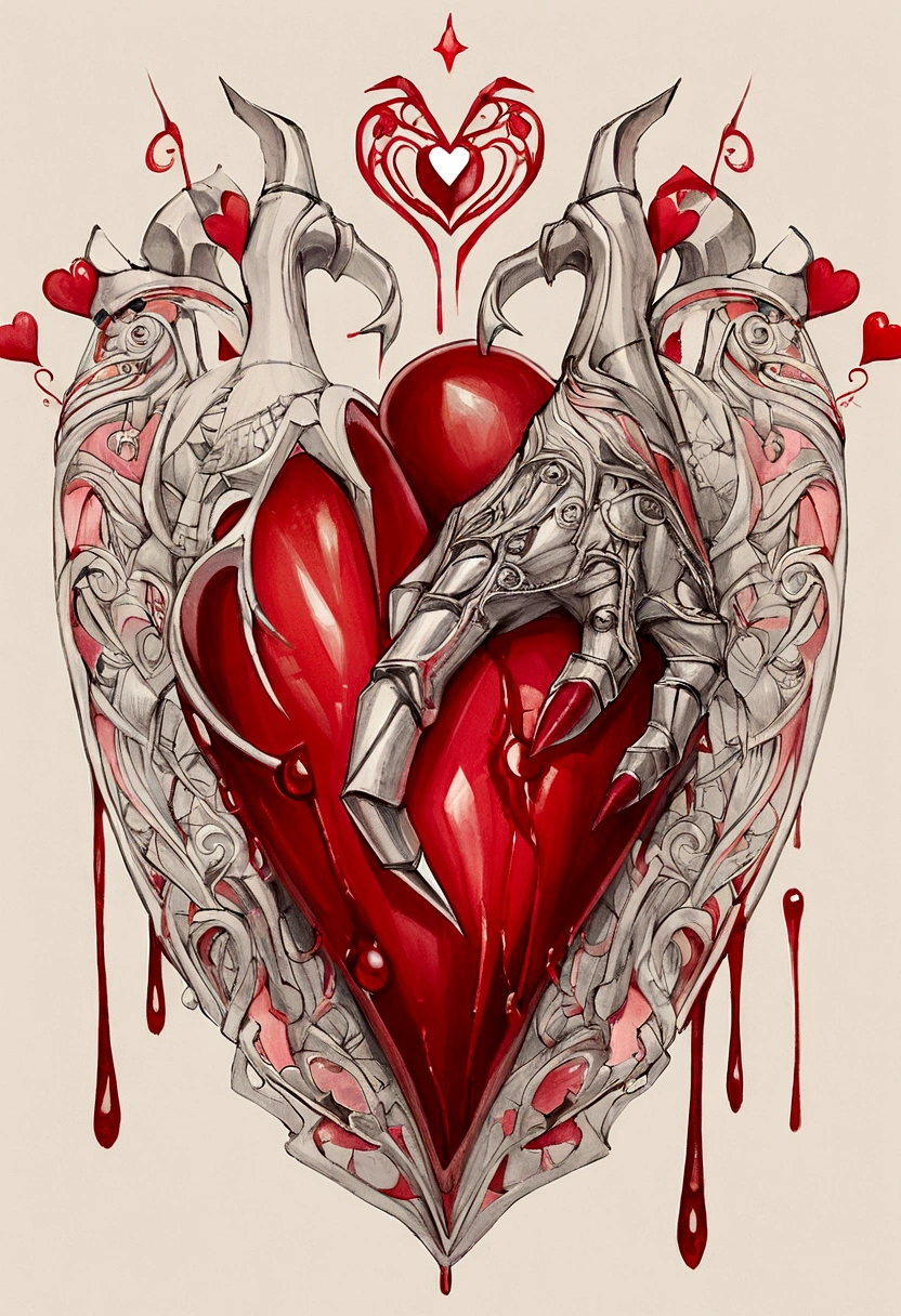 a drawing of a heart with a dragon claw on it, real heart, ✏️🎨, anatomical heart, anatomically correct heart, my heart is human, real heart!, human heart, hand drawn illustration, highly detailed illustration, hand draw, detailed but rough, heart effects, outlined hand drawn, hand - drawn digital art, very detailed feel, hard outline. and the blood dripping is metallic red act as a nail polish. BLOOD DRIP COLOR RED AND ITS METALLIC ACTING LIKE A NAIL POLISH.