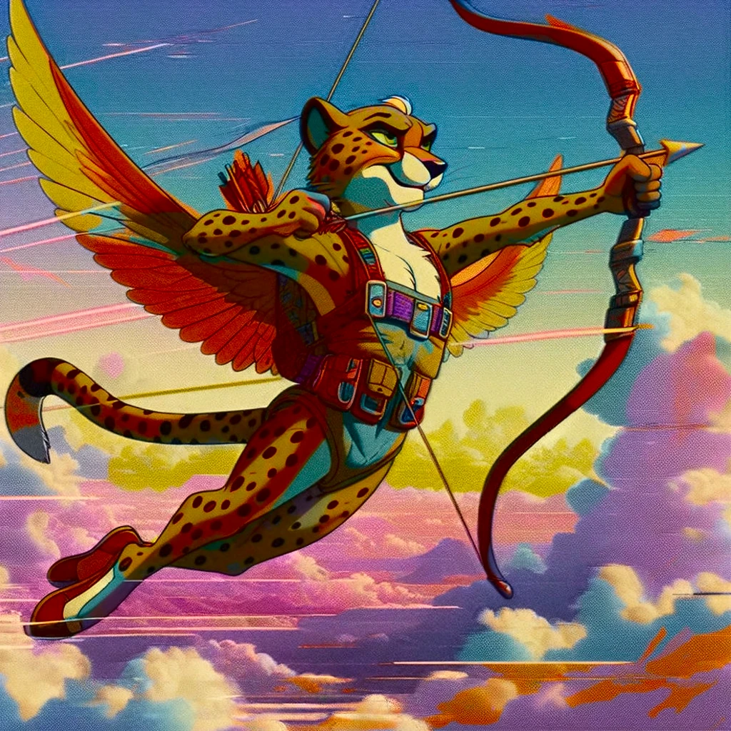 Cheetah wearing wingsuit (hunter, the cheetah from Spyro videogame) VHS, glitch, distorted, nostalgia, 90's retro vibes, analog tape, vcr aesthetics, tv, television, 1990's cartoon homage), comic 1990's, animated tv show screengrab, Cheetah dancing stanky boogie, soaring in the clouds, firing arrow from bow, cinematic poster, image within image, multiple exposure, massive scale, rich color grading for shading depth, hand drawn rotoscope cartoon realism, chiaroscuro lighting, mixed media, vintage comic, retro original design, 1990's comic, sense of movement energy, Hunter from the Spyro series is a tall anthropomorphic cheetah. He has a bright orange color with brown spots all over his coat. His underbelly and goatee are bright yellow, and his paws are a lighter orange. He has somewhat prominent brown eyebrows and bright blue eyes.
