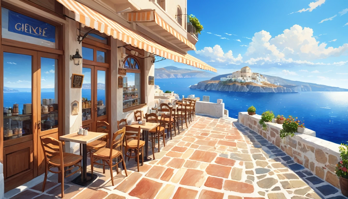 masterpiece, Highest quality, Super detailed, Cafe with an ocean view, scenery, over the counter, Greece, cloud, Outdoor, null, street,building, Realistic