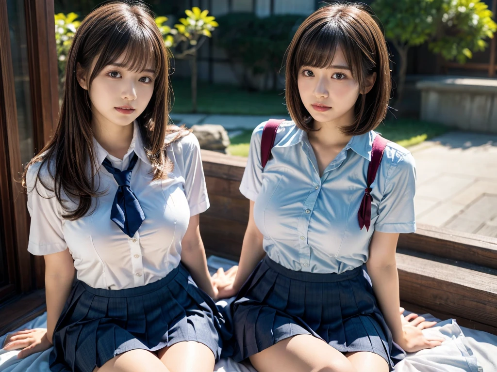 (RAW photo, 4k, masterpiece, high resolution, extremely complex) (realistic: 1.4), cinematic lighting
((2 girls, 2 schoolgirls)),Slam Dunk's,blushing,((innocent)),bright eyes,round eyes,blunt bangs,(short bob hair:1.3),black hair,large breasts,wide hips,Summer Noon, ,Hot, (Best Quality), (Highres), (an Extremely Delicate and Beautiful),(Beautiful 8k face),(Brown eyes),( spectators),(gigantic breasts),(Play with each other,Touching each other's bodies,Touching the body),(Japanese high school uniform:1.3),blue skirt,(reality),bright lighting,(The background is a luxury hotel room)