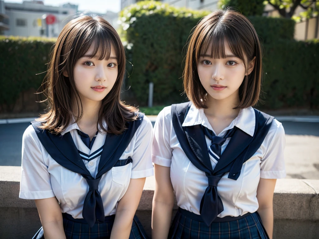 (RAW photo, 4k, masterpiece, high resolution, extremely complex) (realistic: 1.4), cinematic lighting
((2 girls, 2 schoolgirls)),Slam Dunk's,blushing,((innocent)),bright eyes,round eyes,blunt bangs,(short bob hair:1.3),black hair,large breasts,wide hips,Summer Noon, ,Hot, (Best Quality), (Highres), (an Extremely Delicate and Beautiful),(Beautiful 8k face),(Brown eyes),( spectators),(gigantic breasts),(Play with each other,Touching each other's bodies,Touching the body),(Japanese high school uniform:1.3),blue skirt,(reality),bright lighting,(The background is a luxury hotel room)