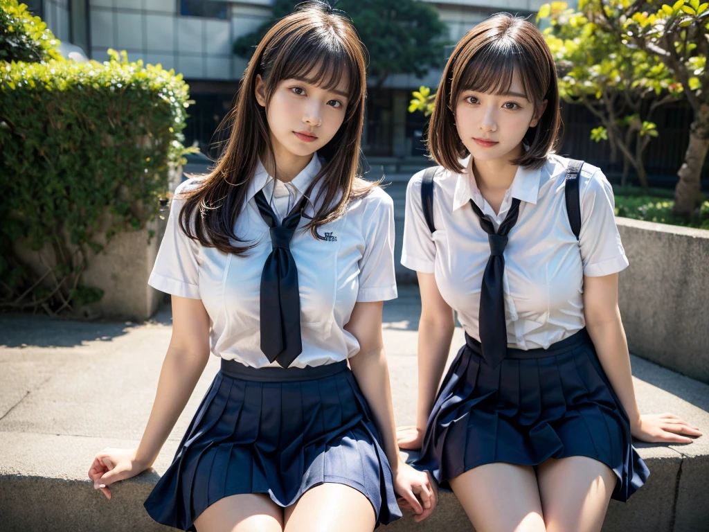 (RAW photo, 4k, masterpiece, high resolution, extremely complex) (realistic: 1.4), cinematic lighting
((2 girls, 2 schoolgirls)),Slam Dunk's,blushing,((innocent)),bright eyes,round eyes,blunt bangs,(short bob hair:1.3),black hair,large breasts,wide hips,Summer Noon, ,Hot, (Best Quality), (Highres), (an Extremely Delicate and Beautiful),(Beautiful 8k face),(Brown eyes),( spectators),(gigantic breasts),(Play with each other,Touching each other's bodies,Touching the body),(Japanese high school uniform:1.3),blue skirt,(reality),bright lighting,(The background is a luxury hotel room)