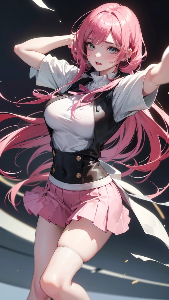 A woman wearing a pink sweater and a white pleated skirt, with black stockings on her legs, exposing her abdomen. She has a great figure, but her head is not visible. (best quality,4k,realistic),(best quality,4k,realistic)!!,[ 4K digital art ]!!  perfect figure with realistic shadows, extremely detailed art style, realistic anime, by Shitao, popular topic on cgstation, casual posture, realistic anime 3D style