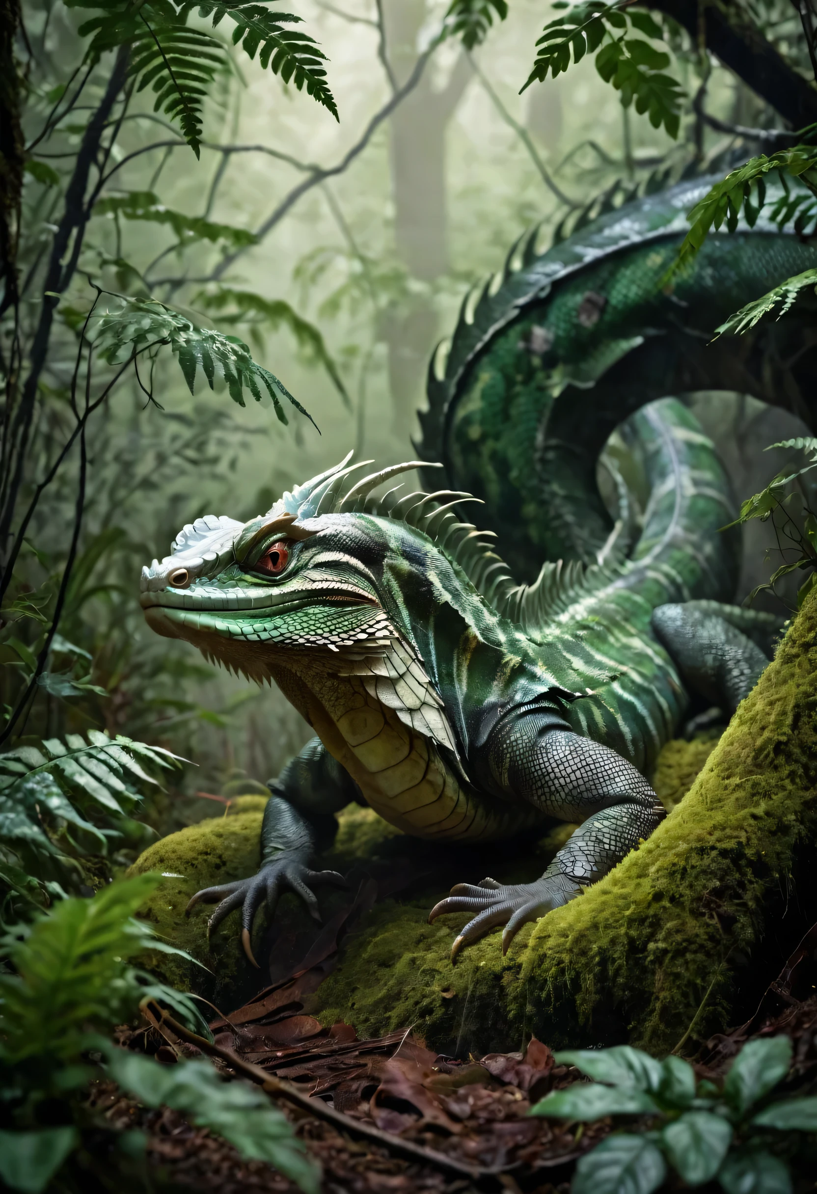 The evil biggest Basilisk emerges from the deep forest, background Abyssal Forest, in the forest. perfect anatomy, masterpiece, best quality, 16k, beautiful detailed sandstorm, daydreaming expression.