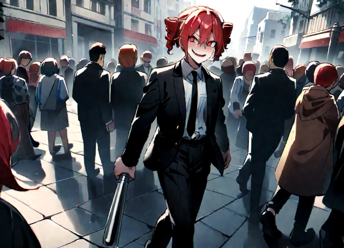 Red hair、Black suit、Black slacks、Wearing leather shoes、holding a silver metal baseball bat、Scary smile、In town、Daytime、a lot of people