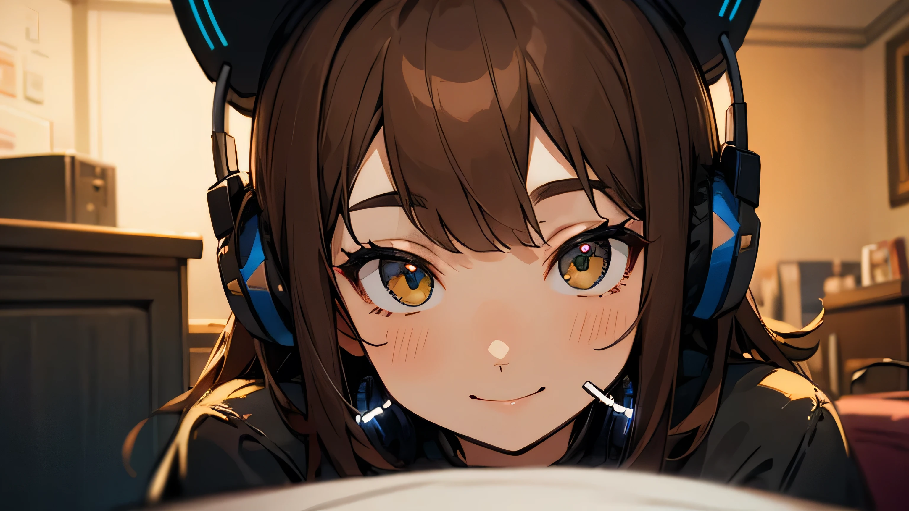 Room with speakers、Cat with headphones、Face close-up、night、Brown Hair、smile、Sitting in a chair
